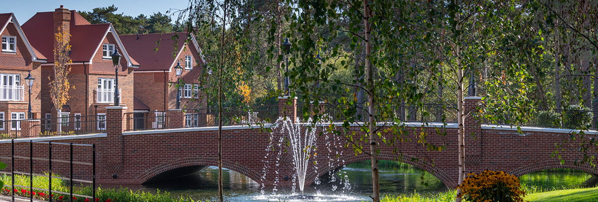 Water fountain and plants at Hartland Village new build development in Fleet