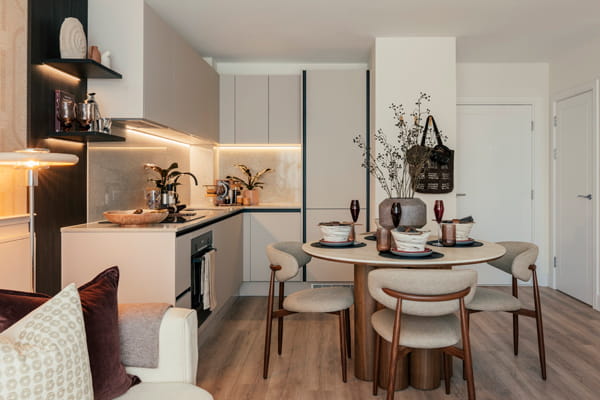 Dining table and kitchenette, wood flooring