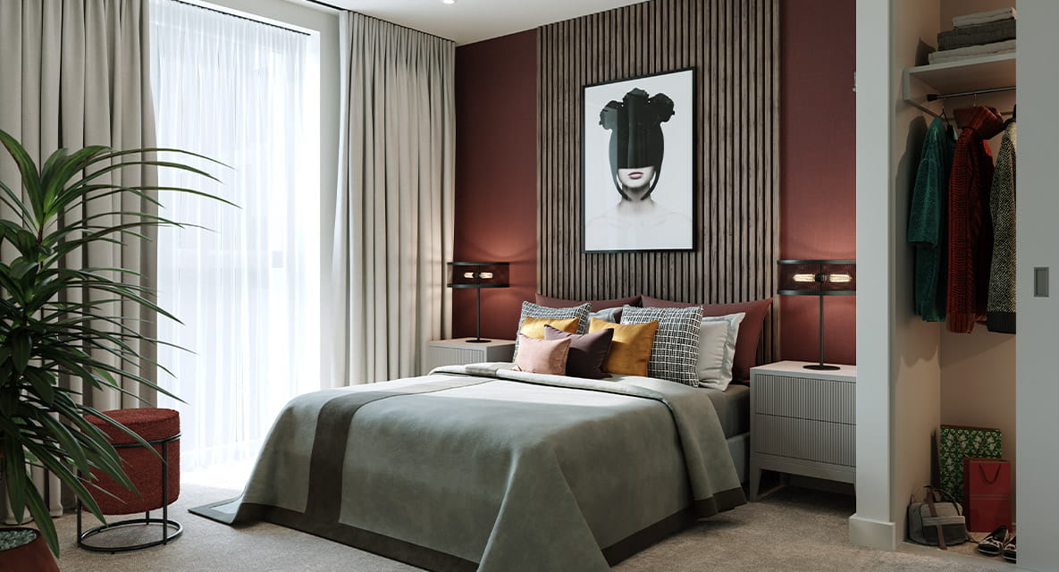 The bedroom of a Berkeley Group property.