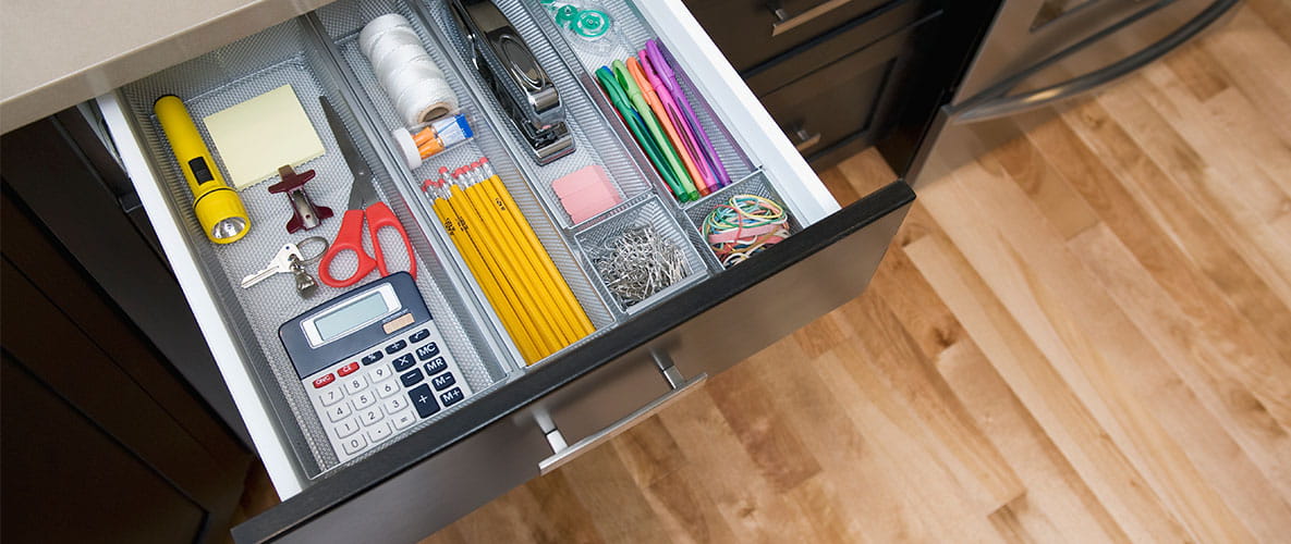 An organized desk drawer