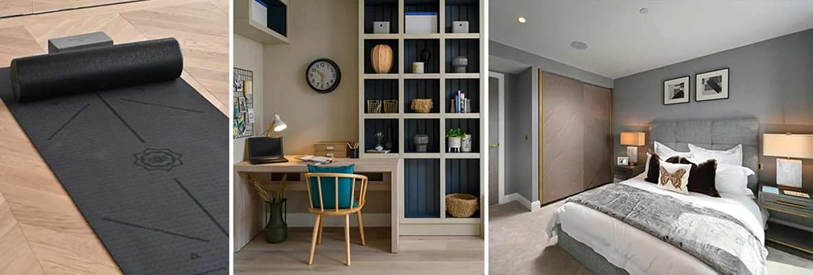 A collage showing a yoga mat, home office, and modern bedroom