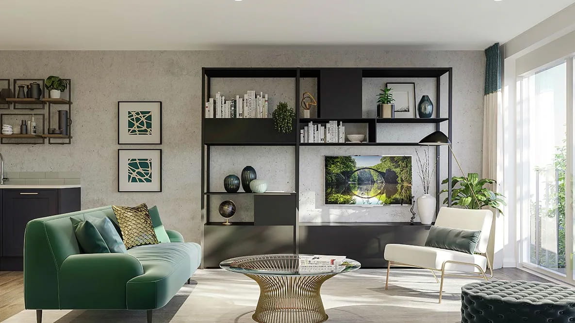 A living room with a green sofa, coffee table and large bookshelf. The bookshelf features several books, lamps and vases.