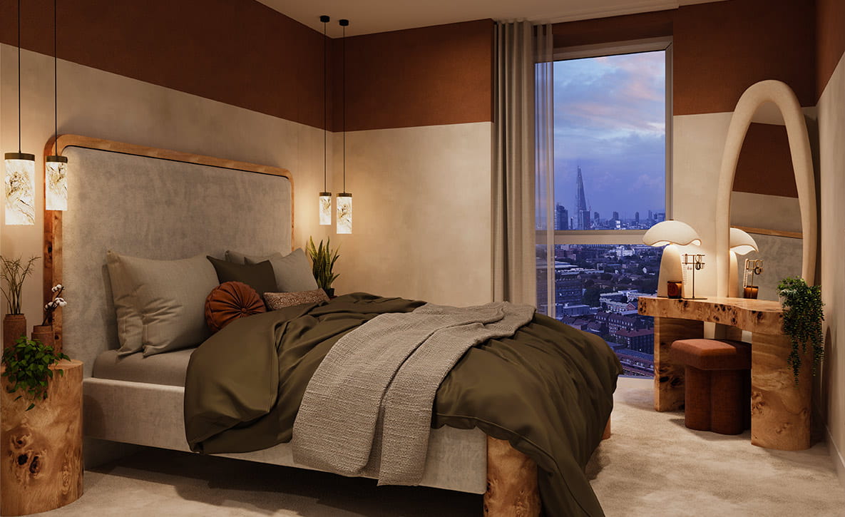 A sleep-friendly bedroom in a Berkeley Group property with warm lighting.