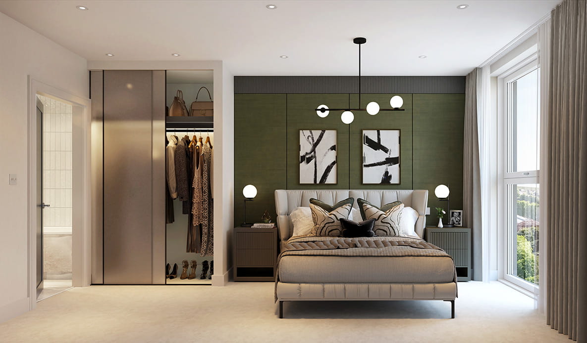 A well-organised bedroom in a Berkeley Group property.