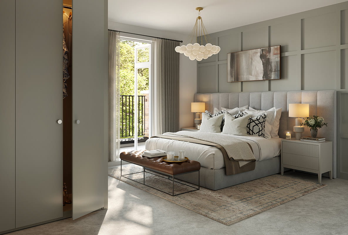 A bedroom in a Berkeley Group property with a calming colour scheme.