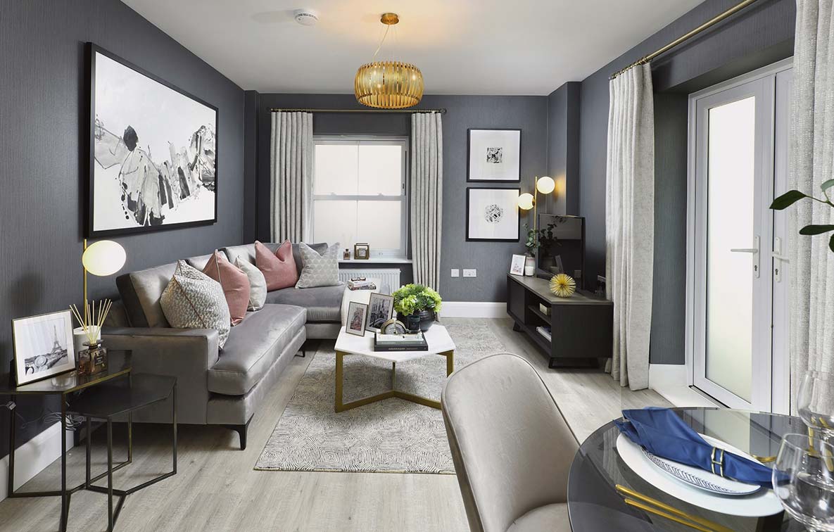 The spacious, open-plan living area of a newly built home by Berkeley Group.