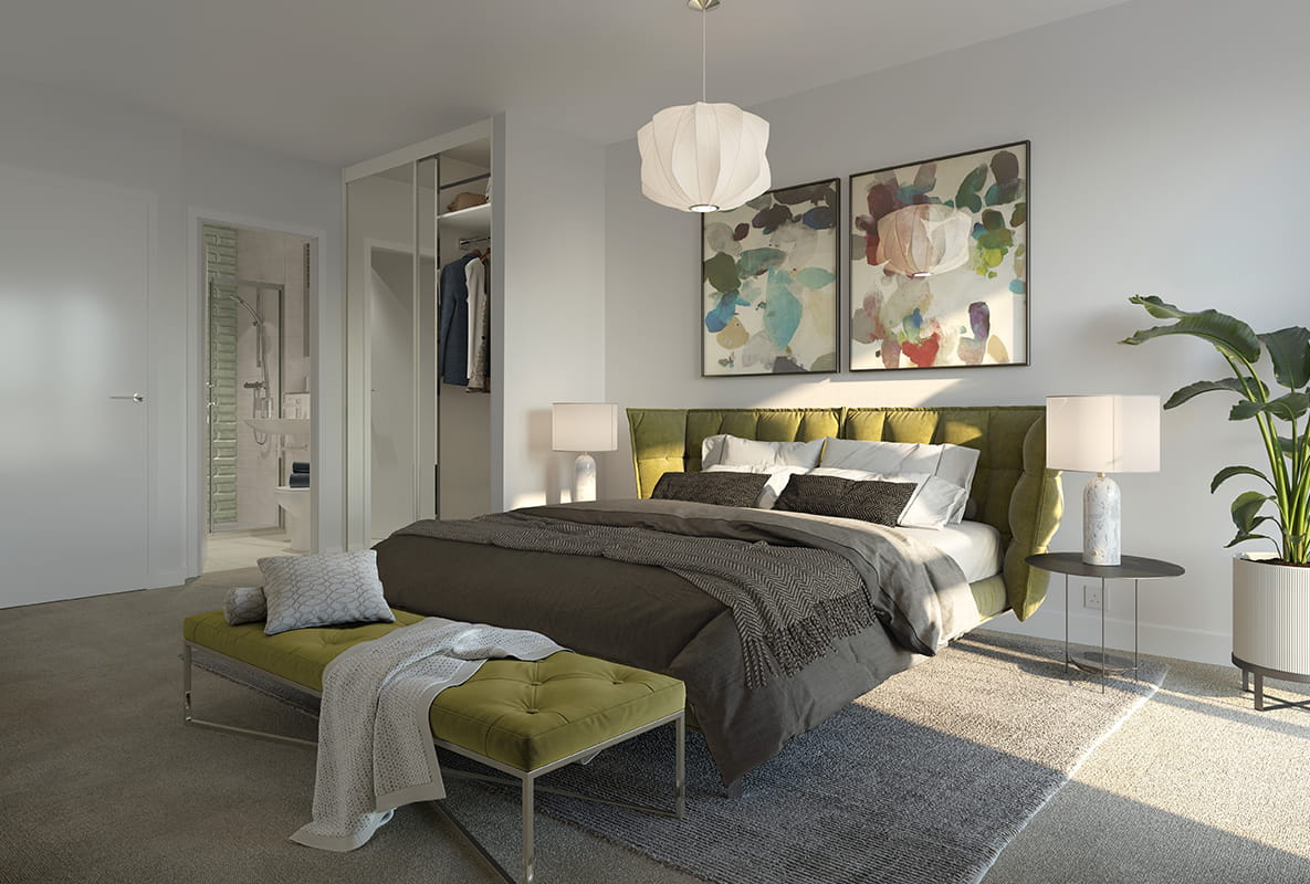 A bedroom with light walls and green furniture by Berkeley Group.