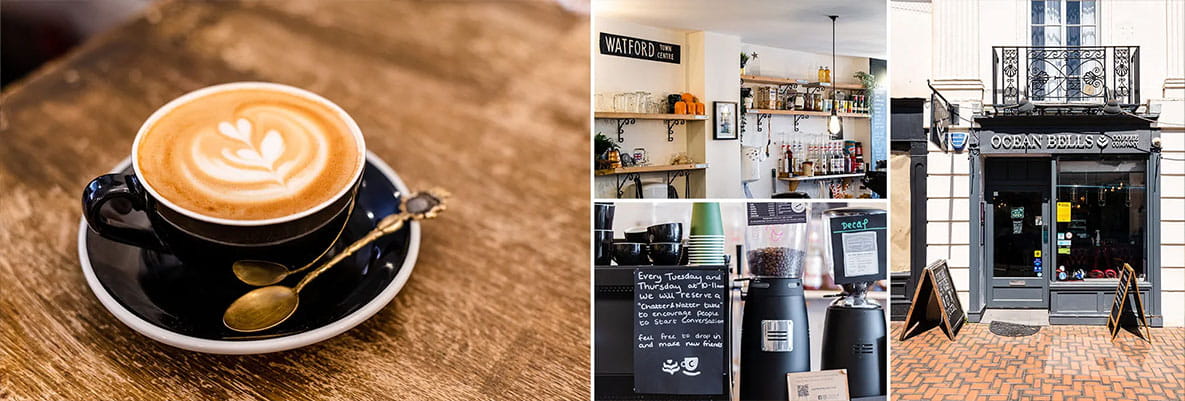 A collection of images of the Ocean Bells coffee shop in Watford.