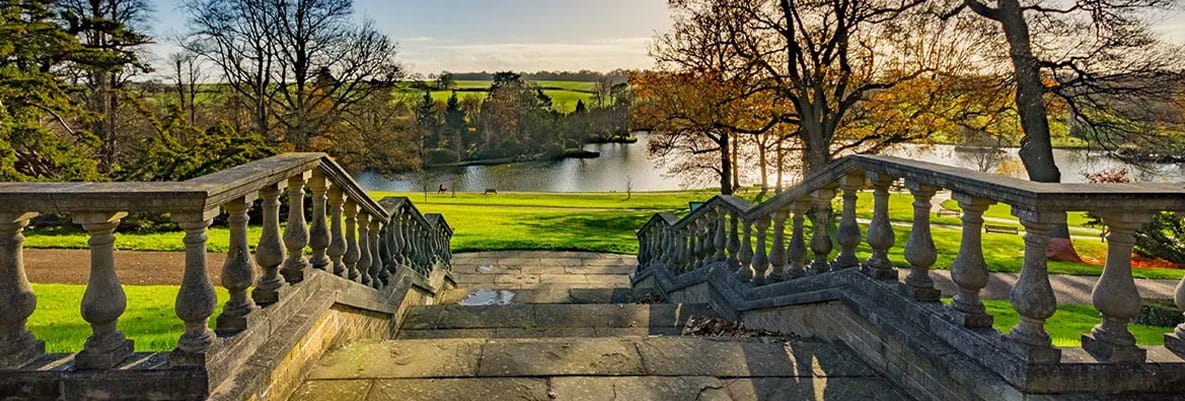 A set of stone stairs leading down to a large green space and lake. The lake is calm and reflects the blue sky