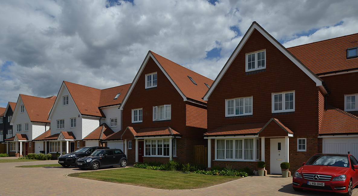 The exterior of homes from the Holborough Lakes development in Kent by Berkeley Group