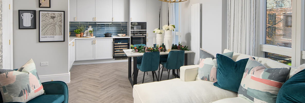 An example of the open-plan kitchen, living and dining area you can expect to find at an apartment in Knights Quarter. 