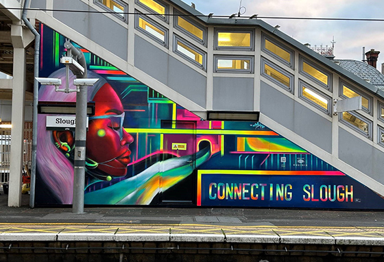 An image of the train station steps with artwork on it