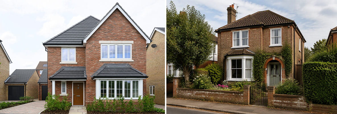 An image of a new build home and second hand home side by side