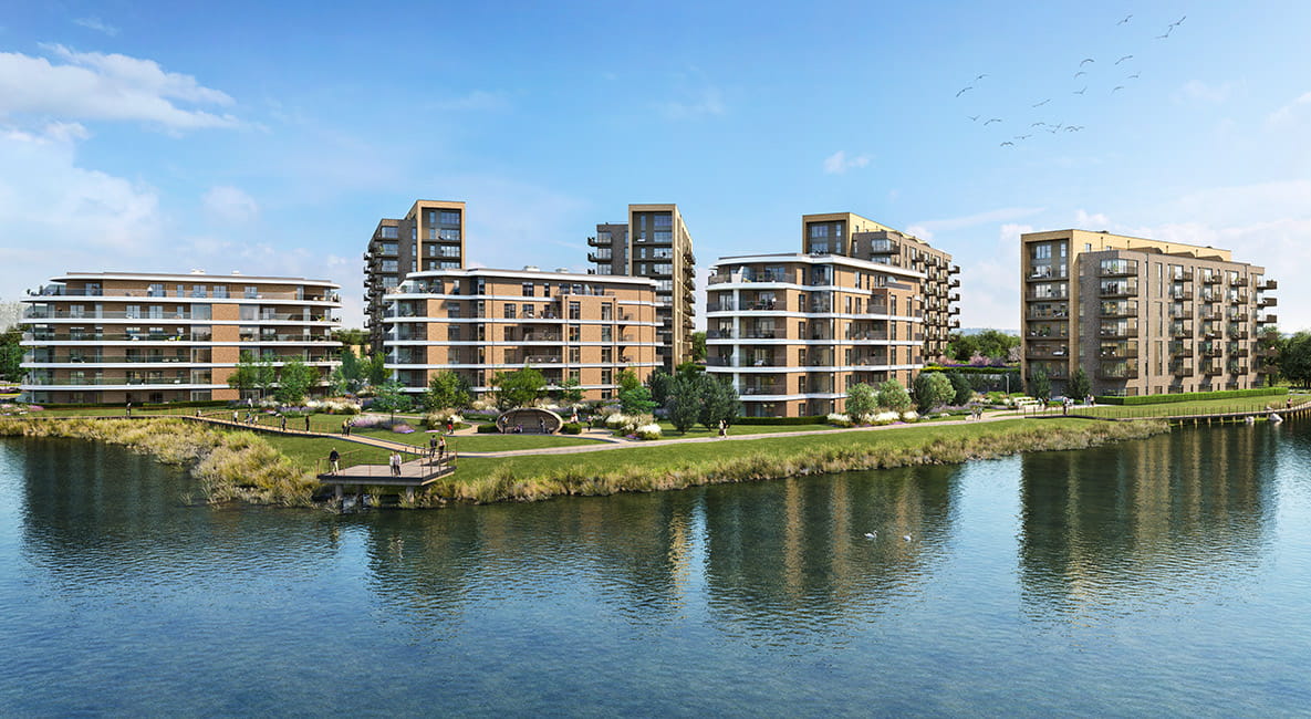 Berkeley Inspiration exterior shot of Bankside Gardens across the lake