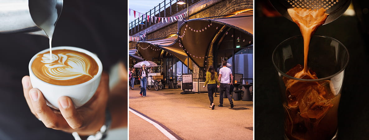 A collage of three images, associated with coffee shops in Battersea. The first image shows a barista pouring milk into a cappuccino, creating a detailed design in the foam. The second image shows visitors walking past and socialising in coffee shops near Battersea. The third image is of a coffee blend poured over ice in a glass. 