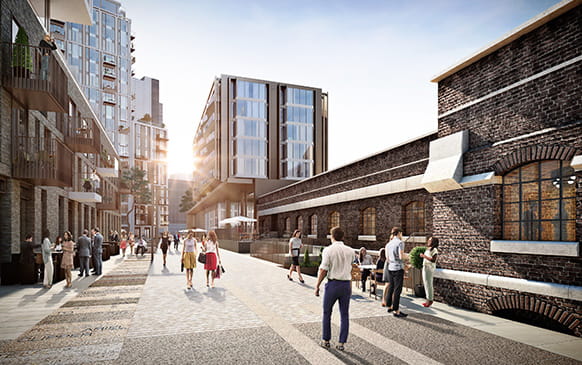An exterior CGI of Pennington Street Warehouse at London Dock