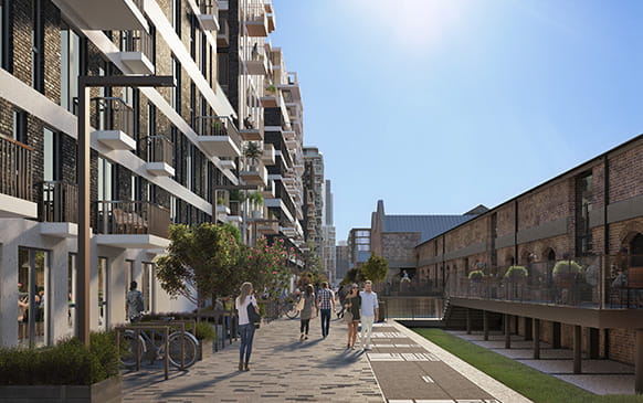 An exterior CGI of Pennington Street Warehouse at London Dock