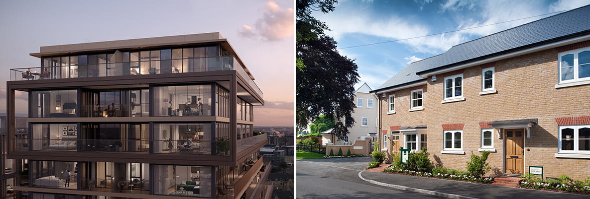 Two images: A modern apartment building with large glass windows showing interior spaces, overlooking a cityscape and; a modern row of two-storey brick houses with well-maintained kerb fronts.