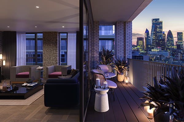 A modern living room with an adjoining balcony overlooking a city skyline during twilight, featuring furniture and potted plants.