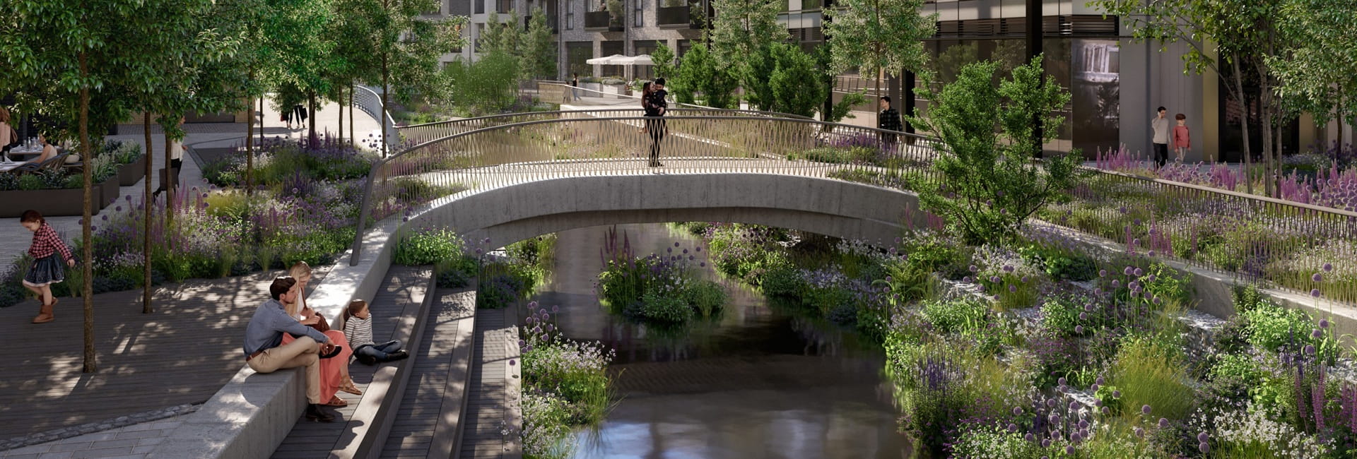 CGI of arch footbridge over waterway, green landscaping and people enjoying scenery either side.