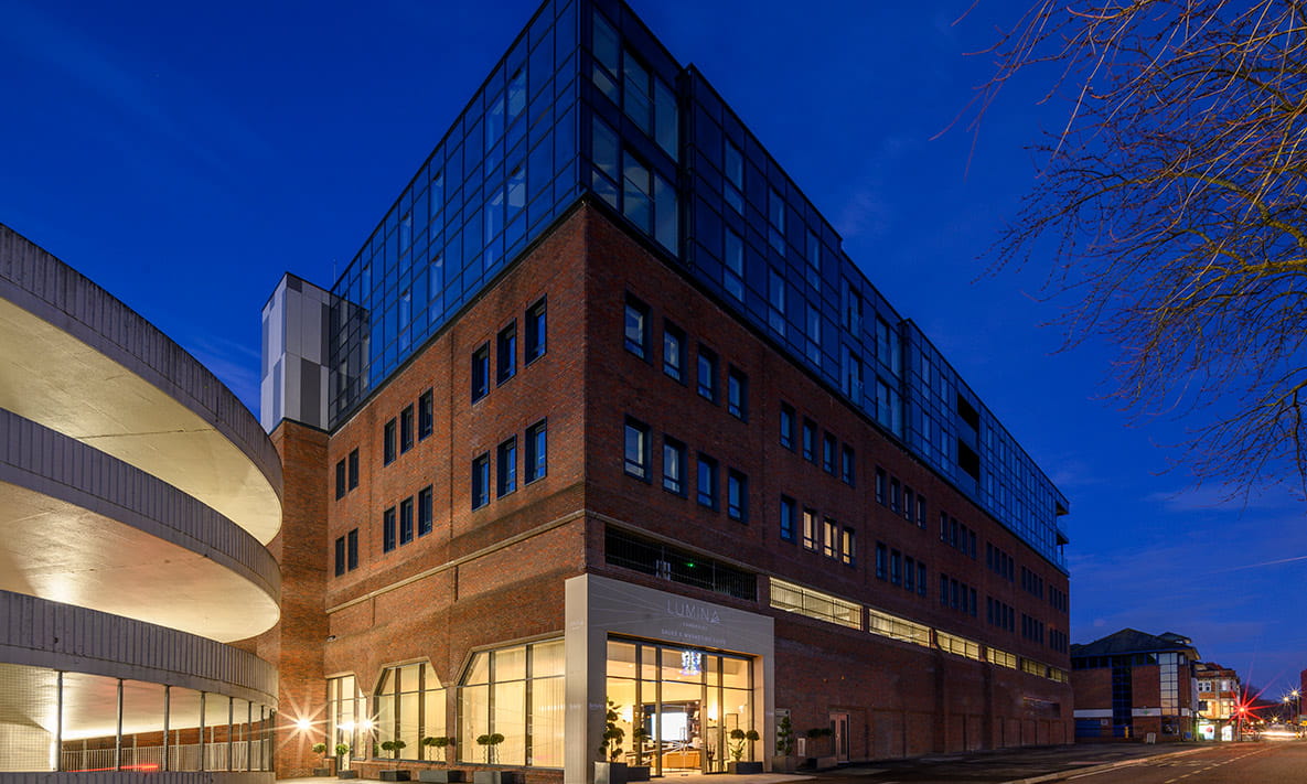 The exterior of Lumina in Camberley at night time.