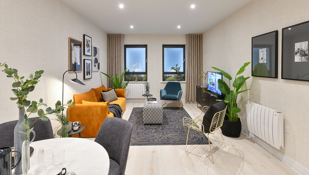 The living room interior of a property at Lumina in Camberley.