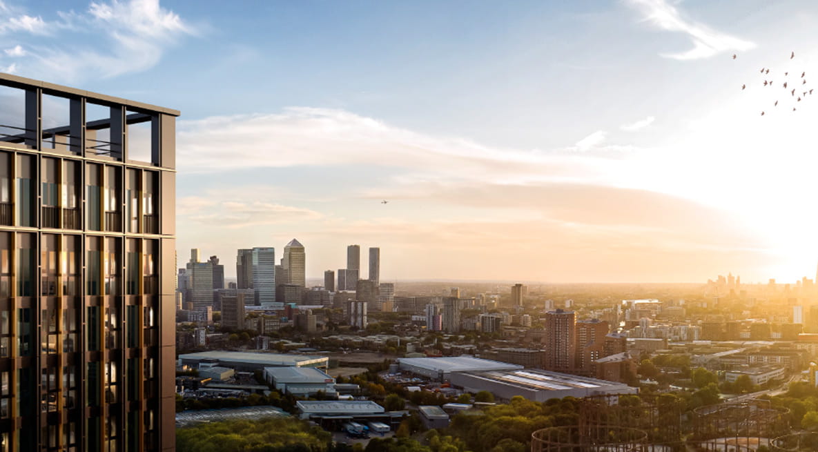 CGI of TwelveTrees Park, with stunning views of London at dusk