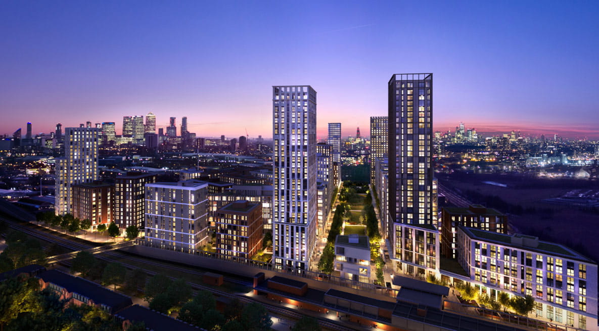 A CGI of TwelveTrees Park at night