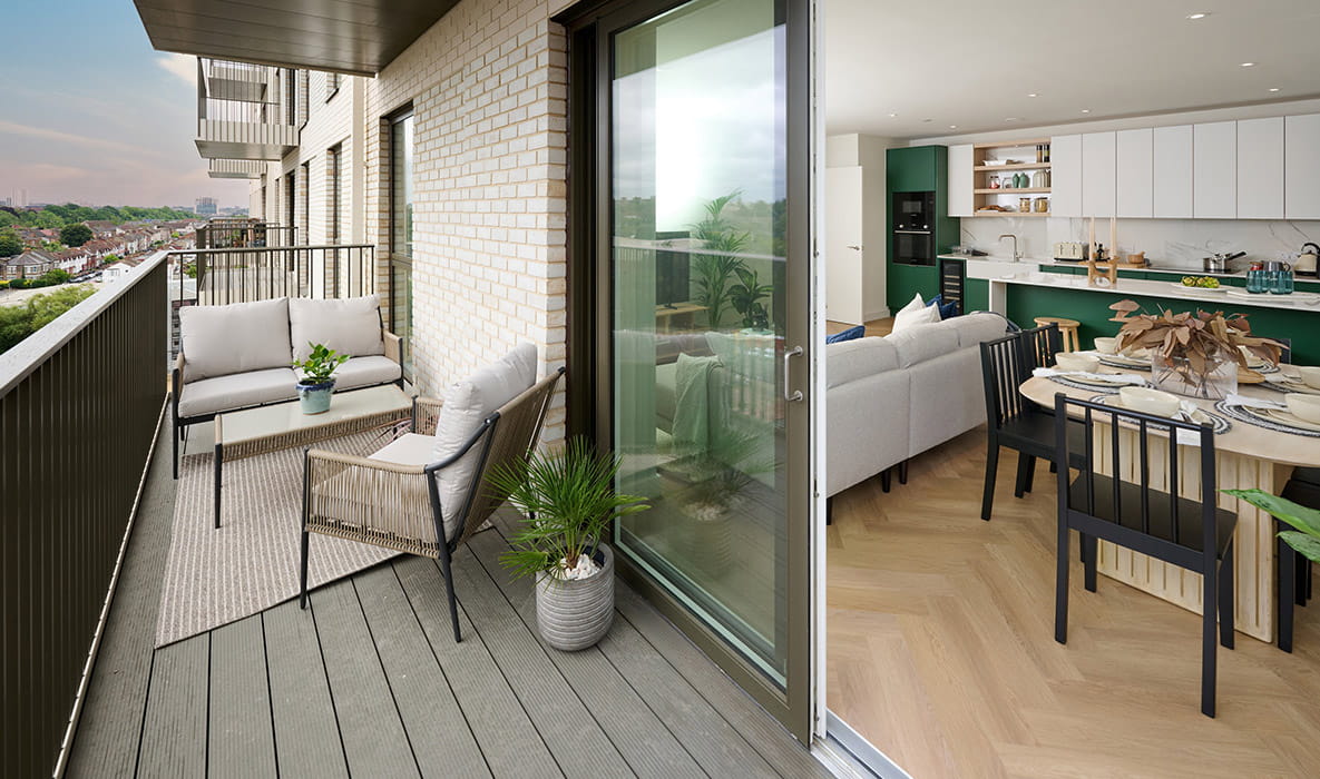 Habitat-styled kitchen with balcony at Silkstream showhome, Hendon