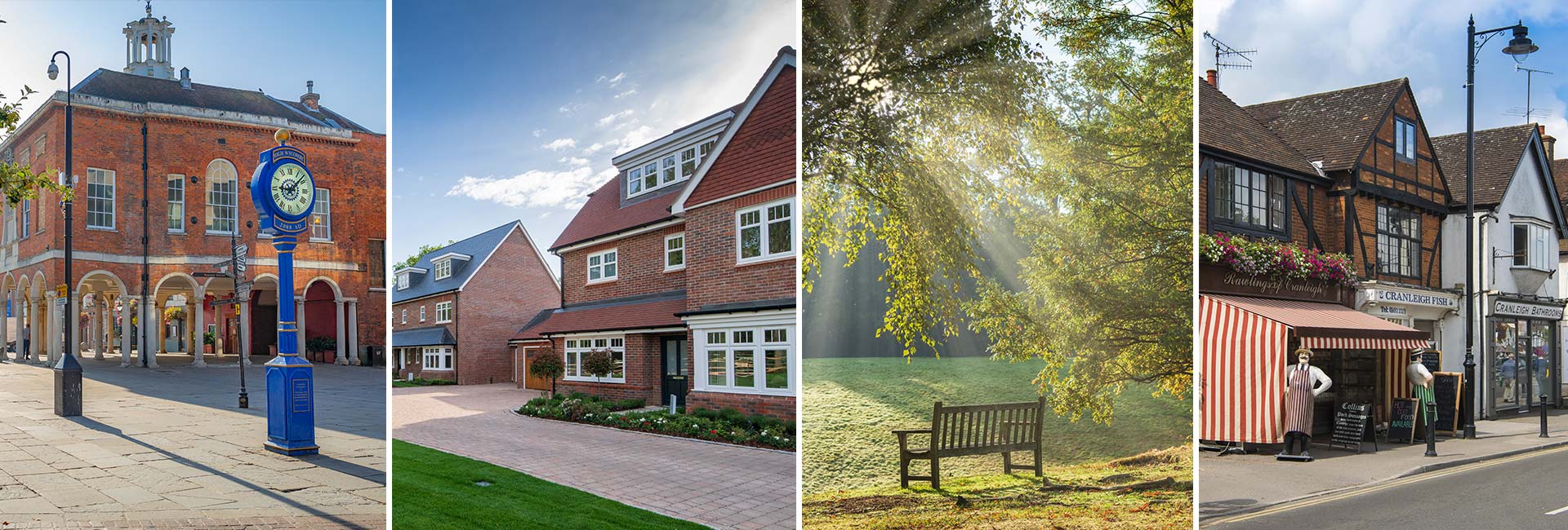 A collage of four images. The first image shows a blue clock tower in a town centre. The second image shows a residential suburban family home. The third image shows a bench in a leafy park. The fourth image shows a charming street in a market town.