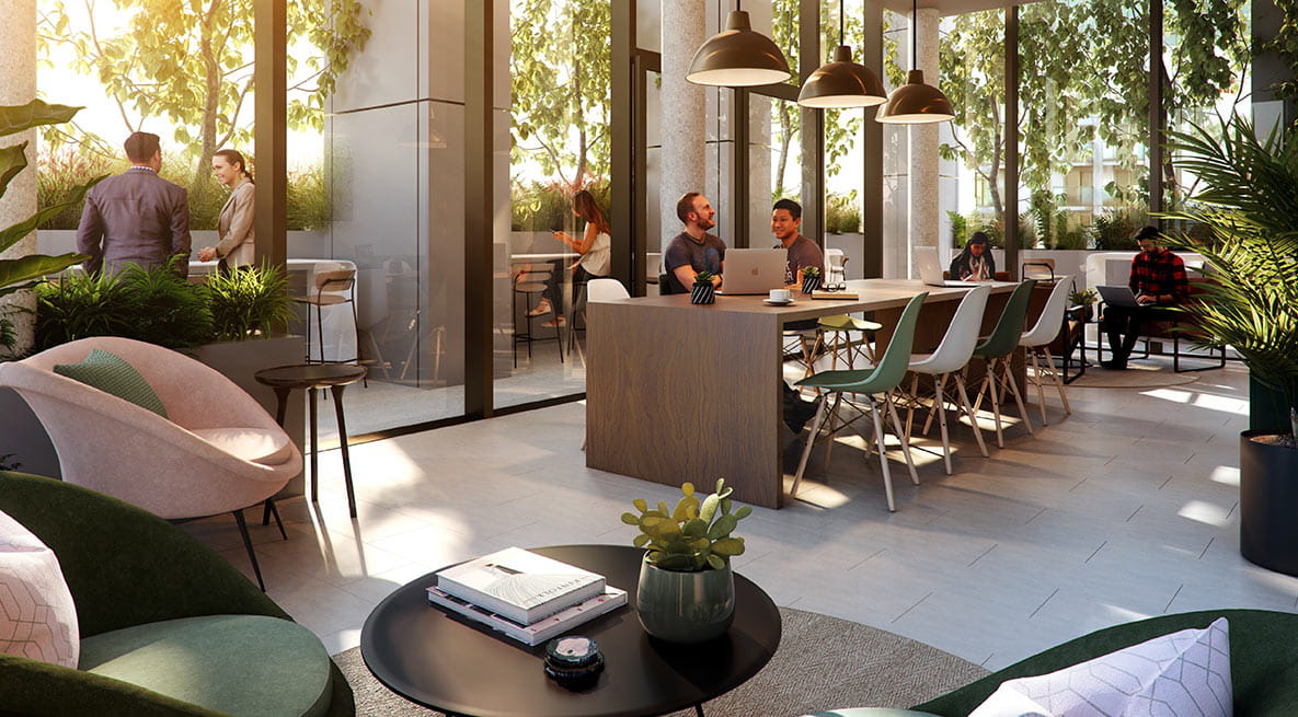 Residents using the co-working space at Harcourt Tower at South Quay Plaza