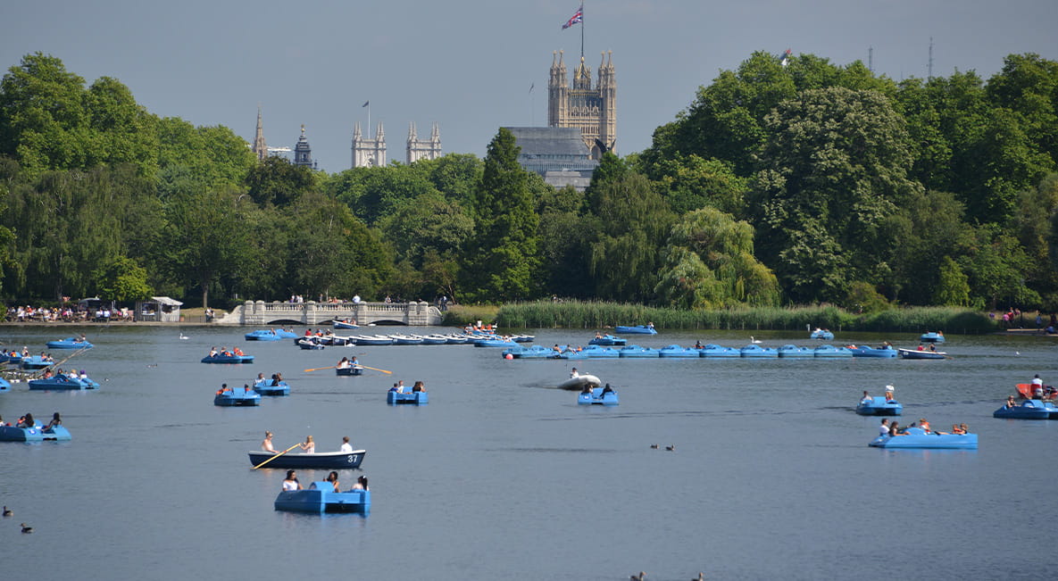A view of people boating on The Serpentine lake in Hyde Park.