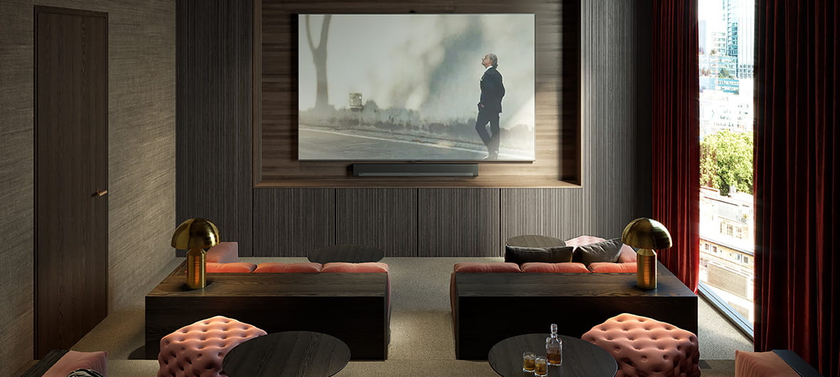 A cinema room at home in Berkeley’s Valencia Tower at 250 City Road.
