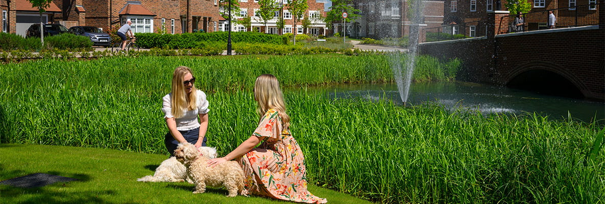 Two people with dogs sitting on grass by a decorative pond with a fountain in a new build development under a sunny sky.