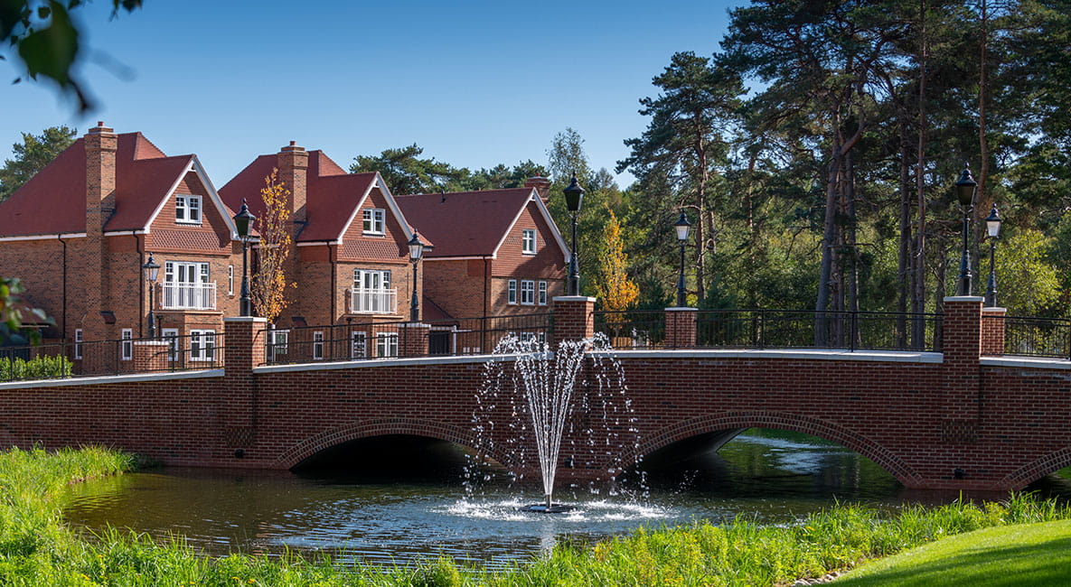 New homes overlooking a water fountain, positioned next to green trees, plants, and grassy banks.