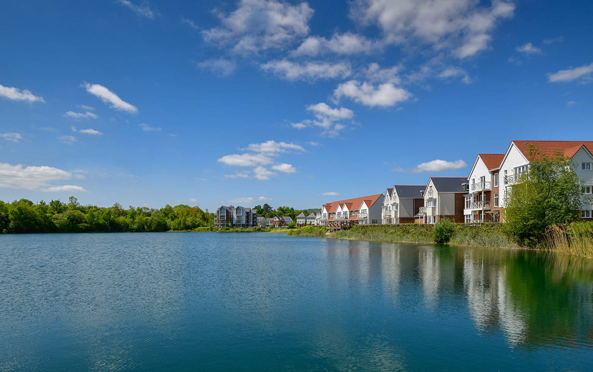 A landscape view of Holborough Lakes in Kent.