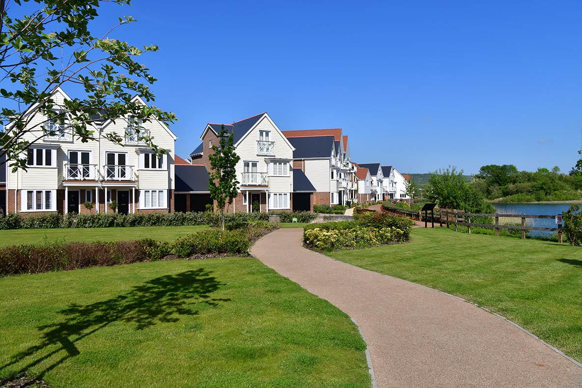 The exteriors of properties within Berkeley Group’s Holborough Lakes development in Kent.
