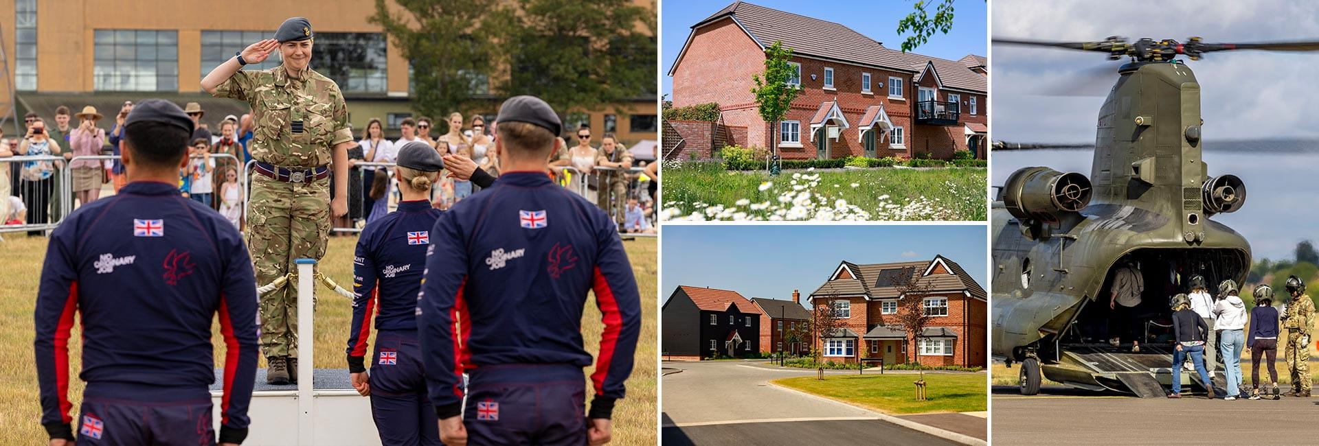 Montage of military personnel saluting each other, helicopter tour for youths, new build homes in front of landscaped front gardens and drives.