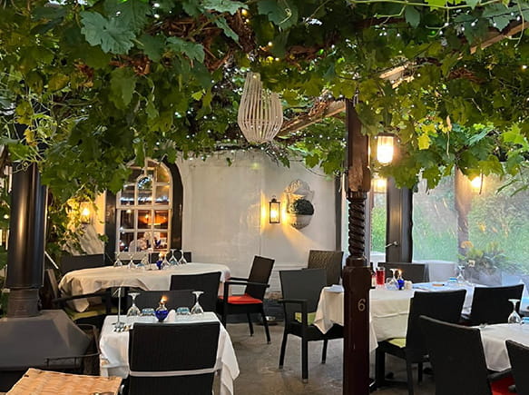 The vine-covered patio at The Chequers Inn at Well