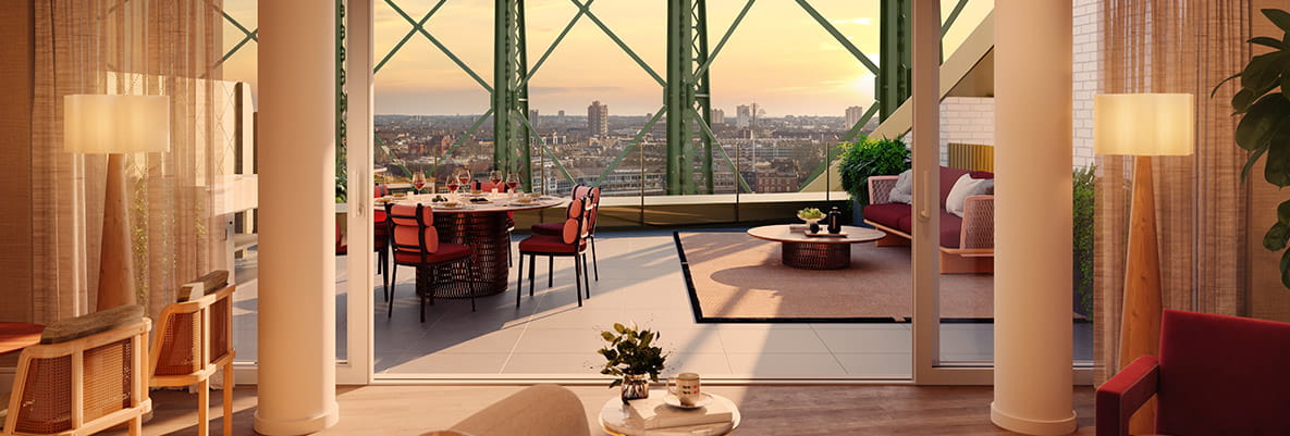 An interior Living Area CGI at dusk with views over London