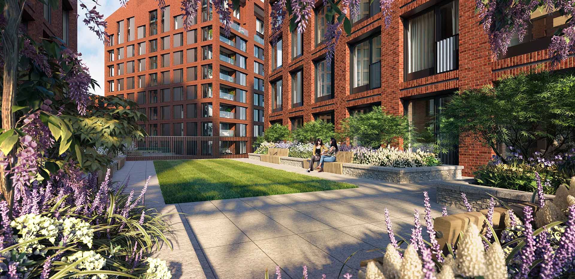 An exterior CGI of Glasswater Locks showing some of the green space around