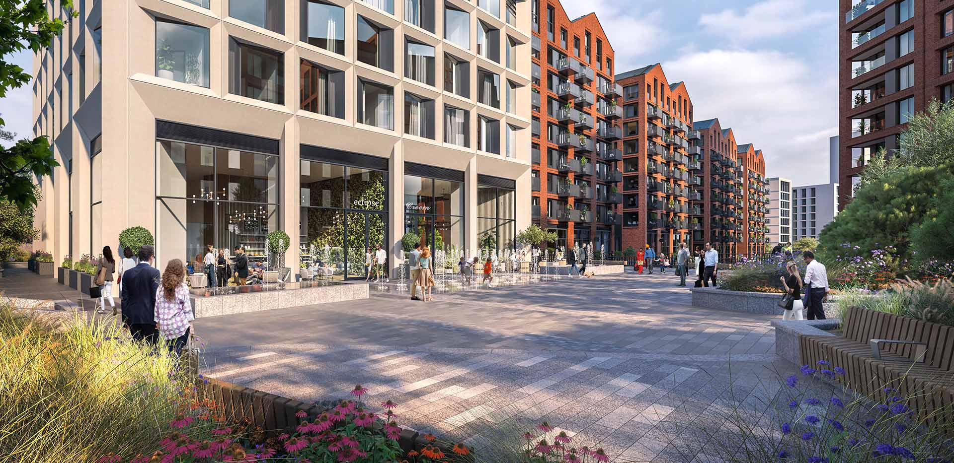 An exterior CGI of Glasswater Locks showing some of the potential commercial space