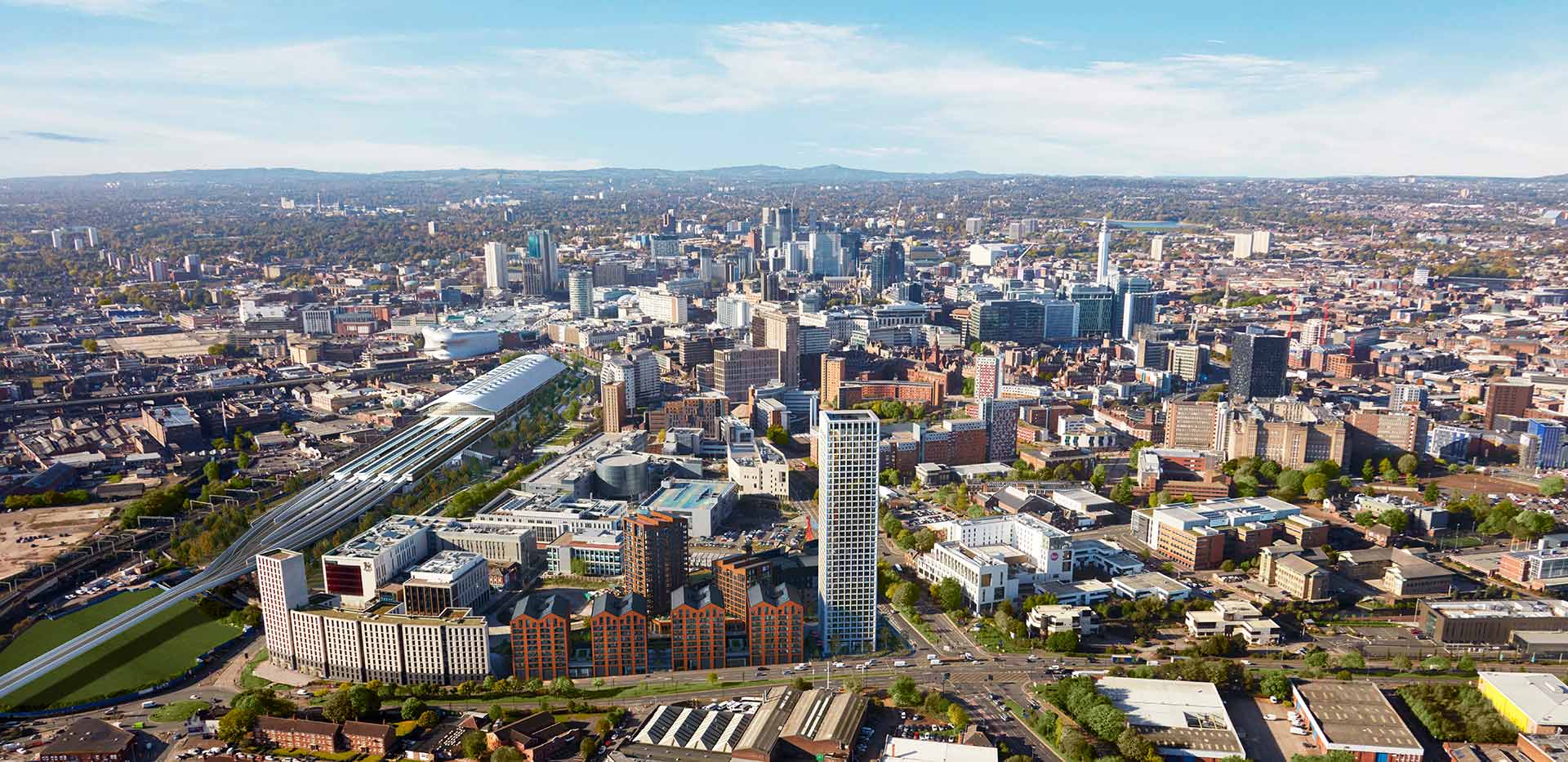 An aerial shot of Birmingham with a CGI of Glasswater Locks