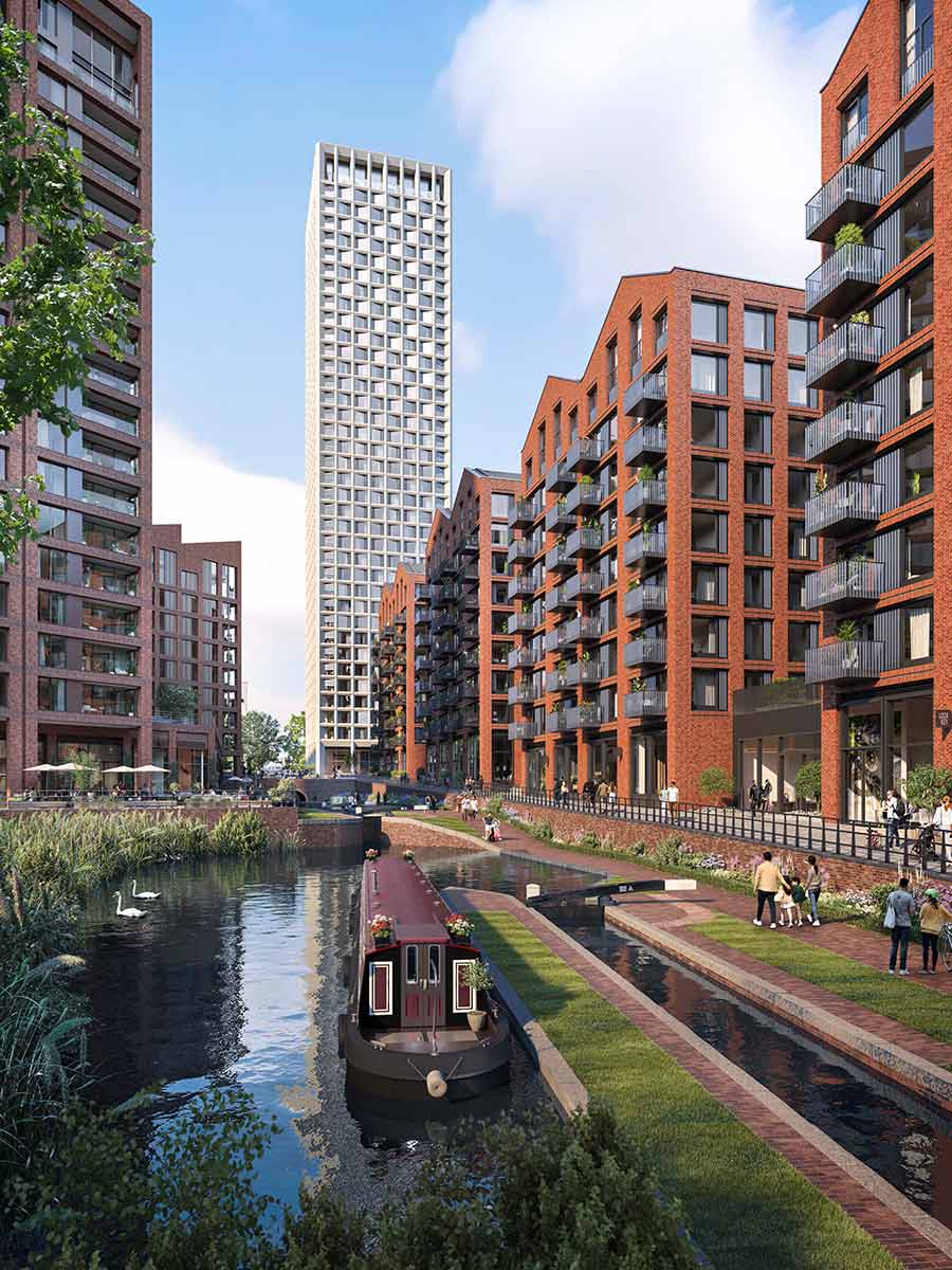 An exterior CGI of Glasswater Locks view along the canal