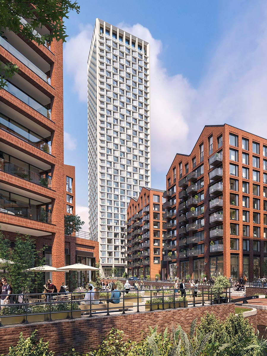 An exterior CGI of Glasswater Locks showing some of the potential commercial space