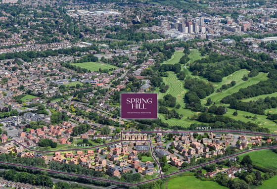 Aerial view of Spring Hill new build houses in Maidenhead