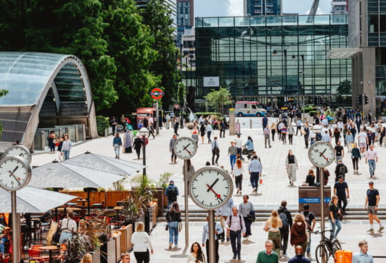 Canary Wharf on a busy day outside the tube station