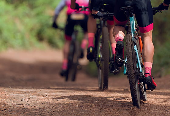 An image of people on bicycles through the forest