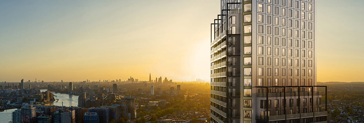 Exterior image of Wandsworth Mills against a sunset backdrop