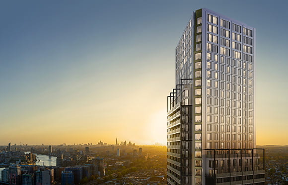 Exterior image of Wandsworth Mills against a sunset backdrop